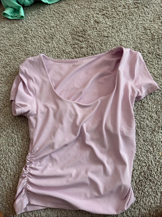 Offline Tops - Scoop Neck Short Sleeve Tee with Side Ruching - Light Pink